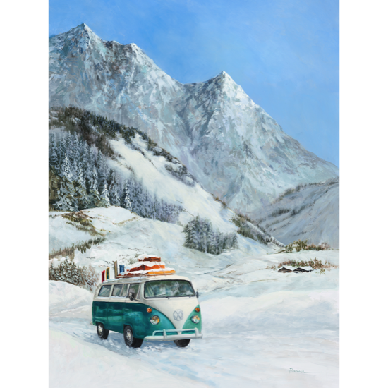 Montagnes en Volkswagen vert 60x80 cadre chêne