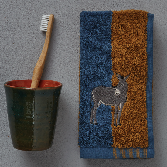 Éponge brodée rayée bleu et caramel Cévennes- Serviette invité 30x30 - Sylvie Thiriez