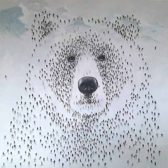 Ours skieurs 70x70 Cadre chêne