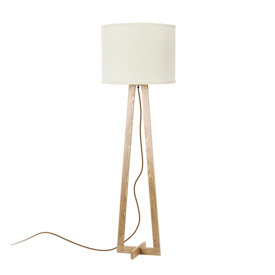 Lampadaire pied bois abat-jour blanc